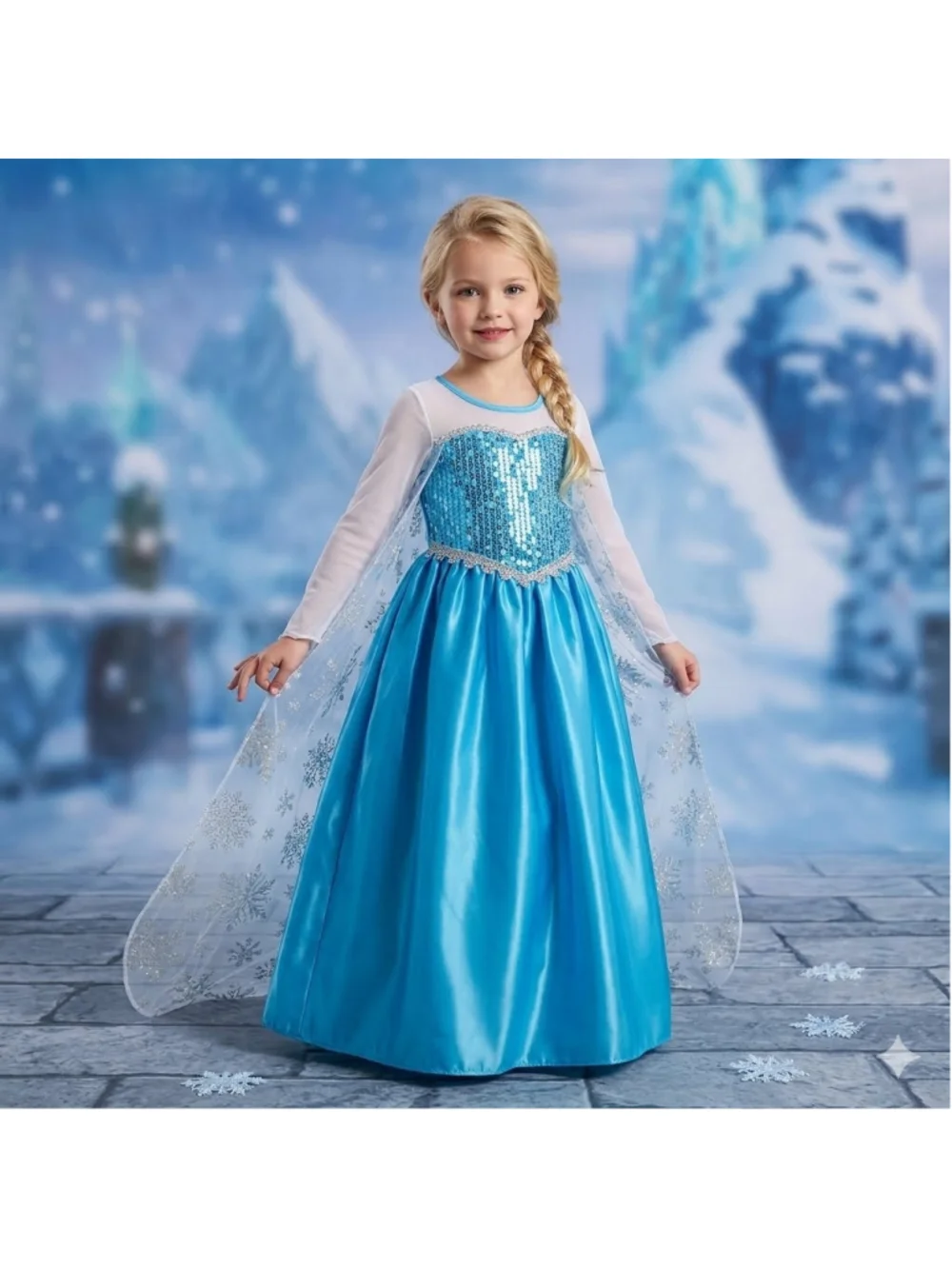 Disney Frozen Elsa Princess Costume Dress Blue Sequin Mesh Cape Girls 7-8Y